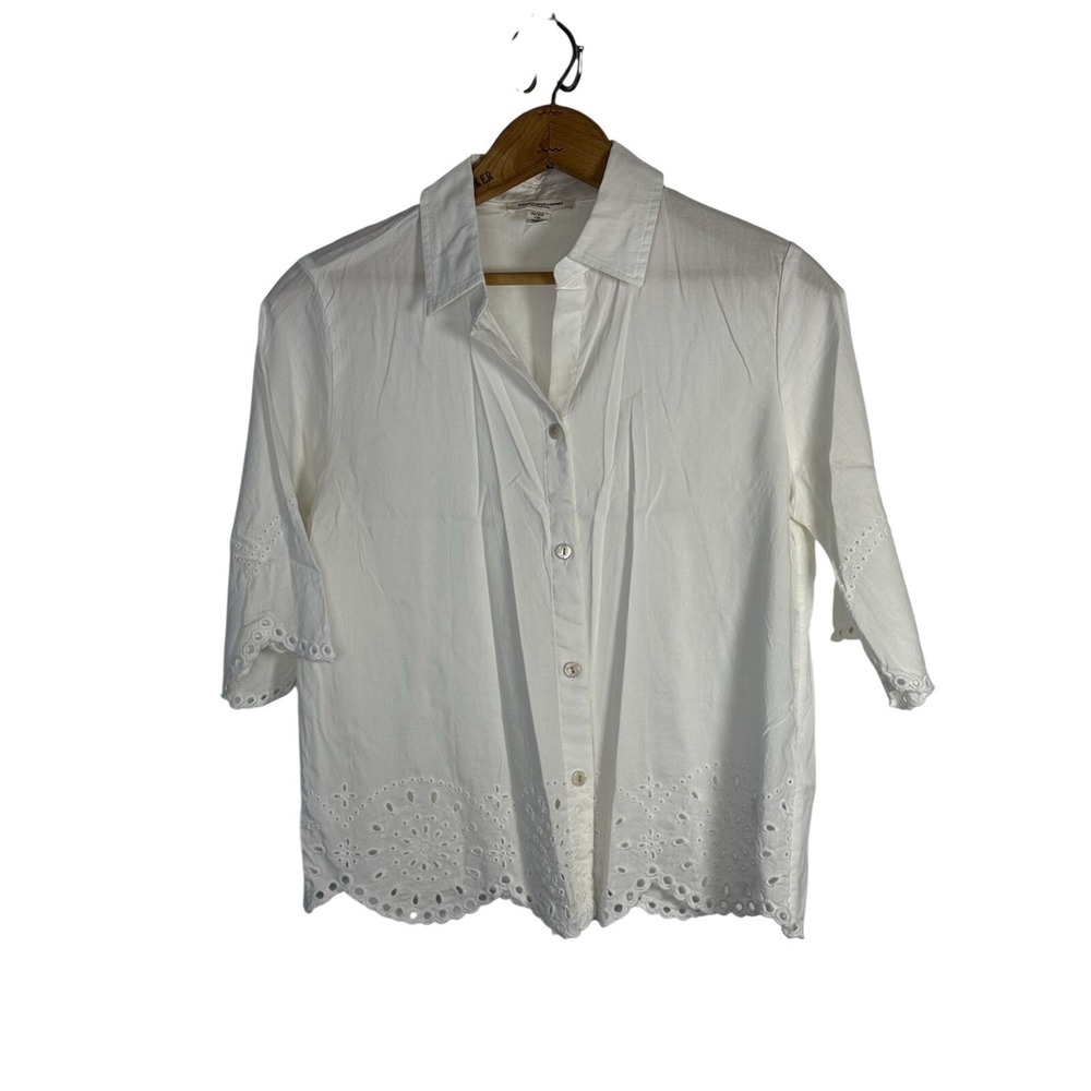 Beach lunch lounge Eyelet Button Down Short Sleeve Shirt Size XS White